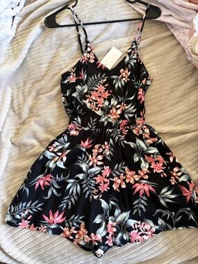 H&M Black Floral Romper with Pink & Green Print